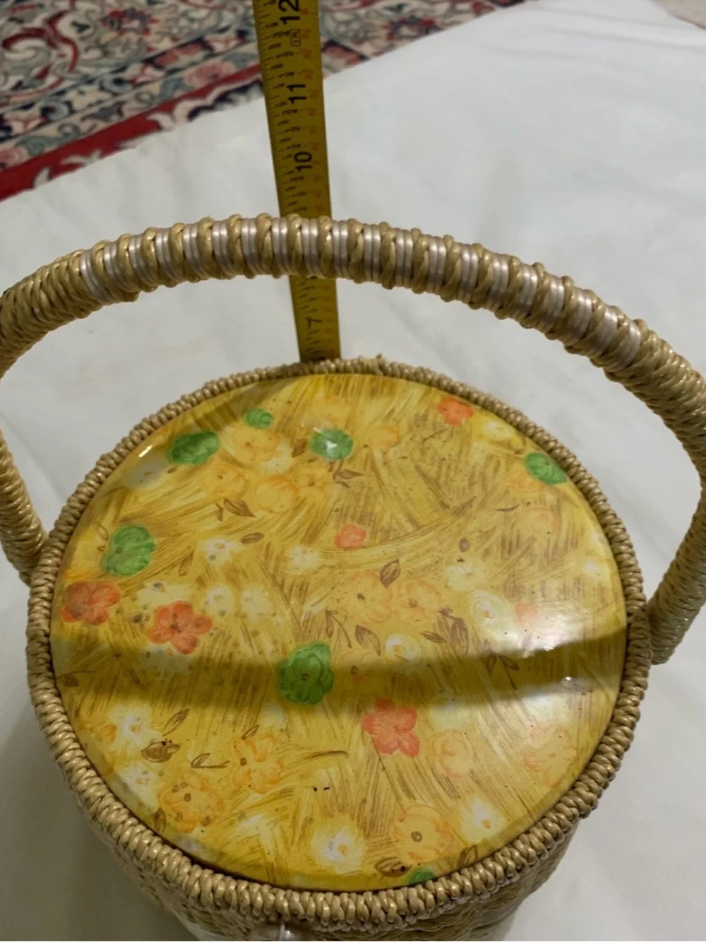 Vintage Round Woven Wicker Sewing Basket Box Japan Floral Quilted Cushion Lid